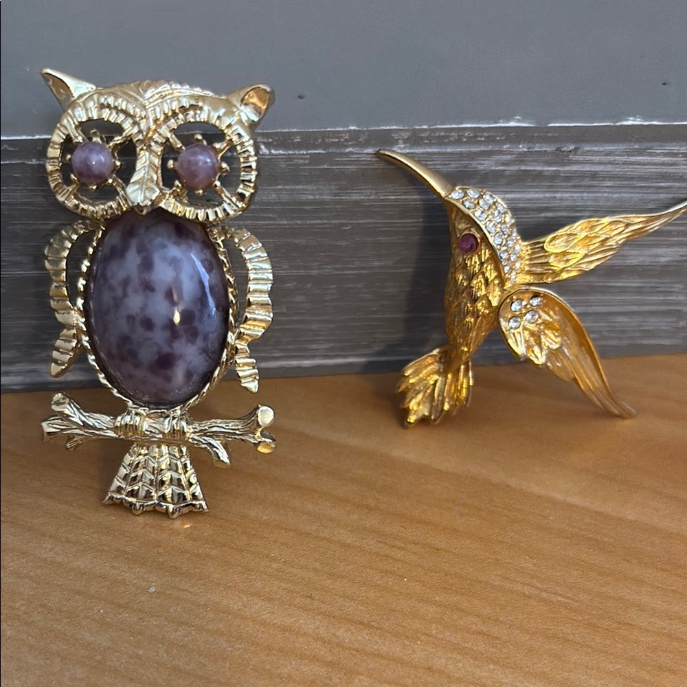 Owl and Hummingbird Brooches